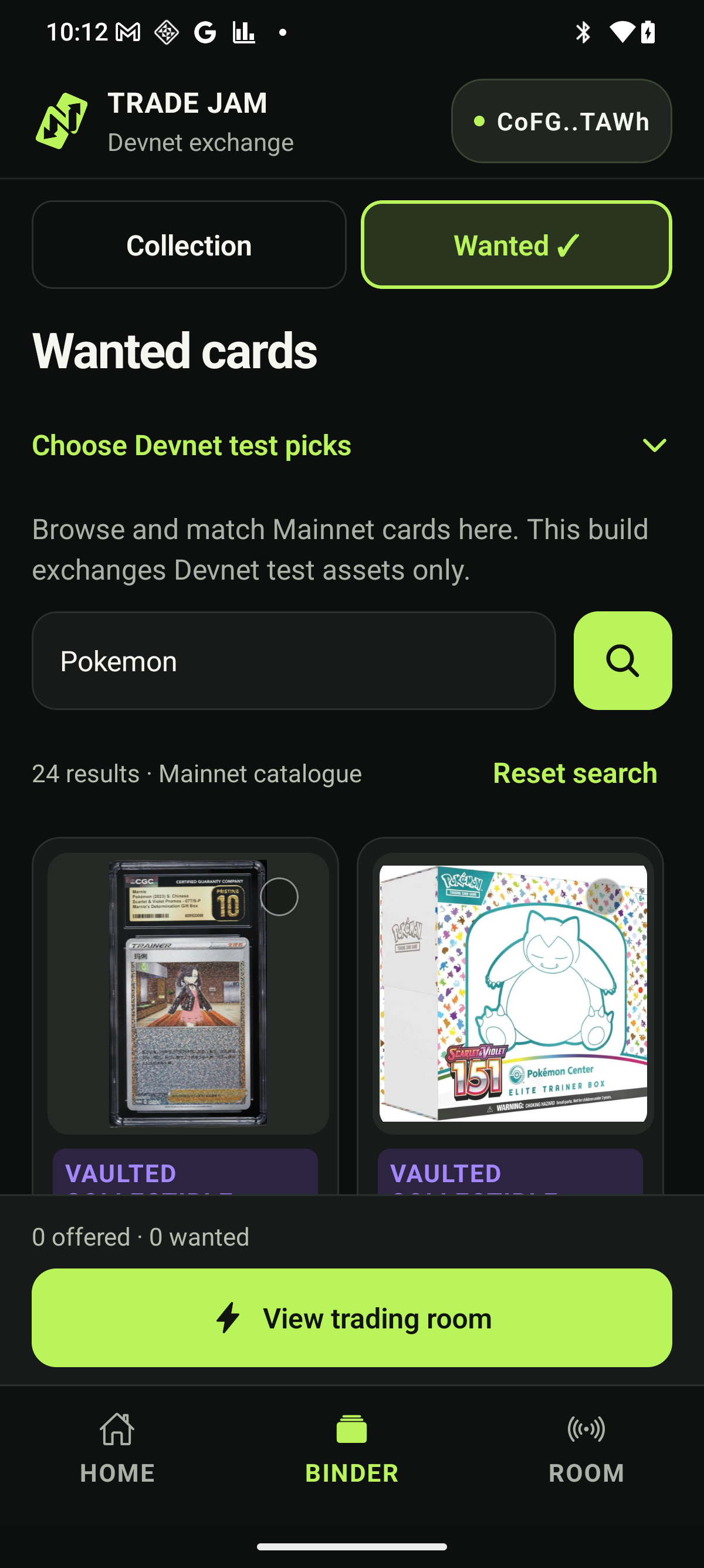Trade Jam on Seeker, showing real cards in the Wanted catalogue